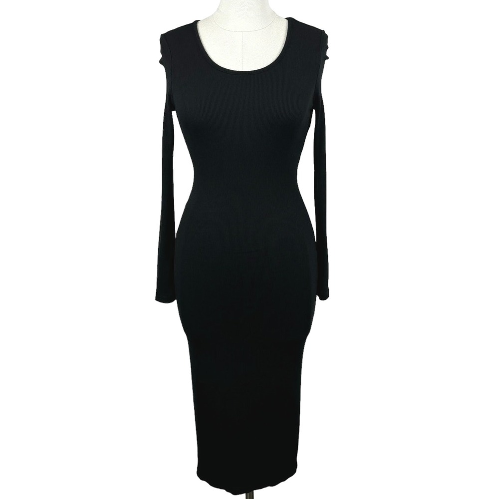 Marine Layer Women's Lexi Black Ribbed Bodycon Midi Dress‎ Long Sleeve Size XS